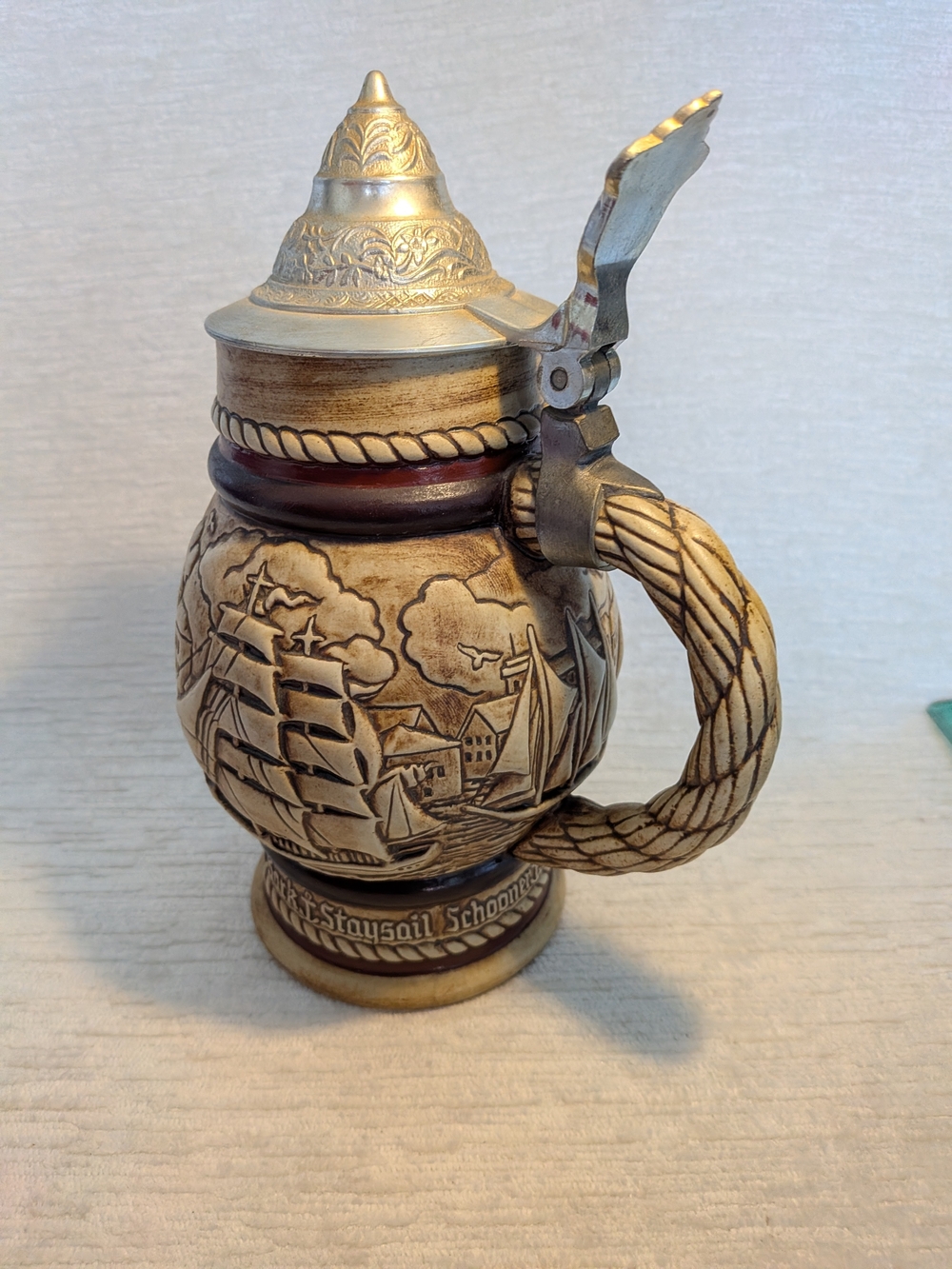AVON 1977 Ornate Ceramic Beer Stein with Pewter Lid - Tall Ships,Ivory and Brown - Picture 2 of 16